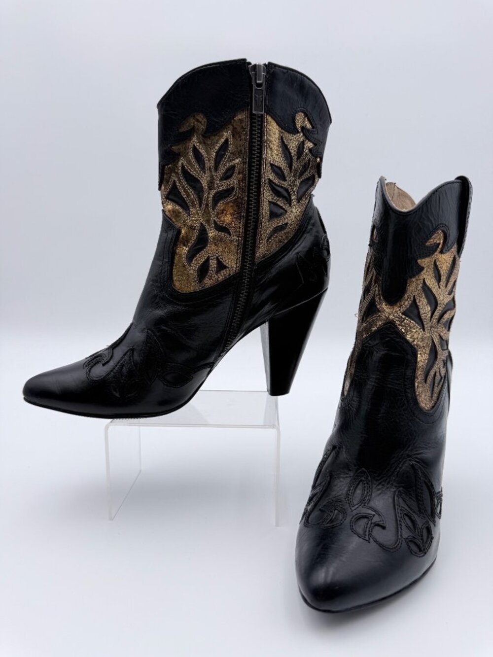 Frye Women's Regina Overlay Heel Bootie Black Gold Leather Embroidered Western 7